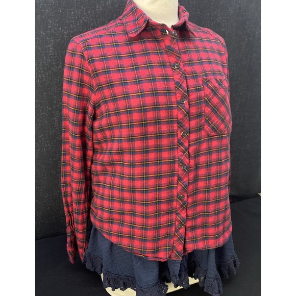 BDG Urban Outfitter Louie Red Plaid Flannel Shirt Layered Lace Ruffled Detail SP - Picture 4 of 14